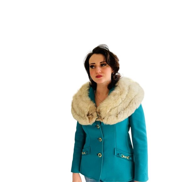 Lilli Ann Vintage Teal Jacket with fox fur collar SZM_6 - Picture 7 of 11